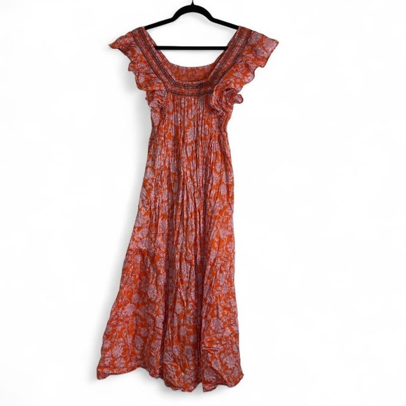 Free People Dresses & Skirts - Free People Midi Dress Womens Small Orange Floral Smocked Tiered Boho Cap Sleeve
